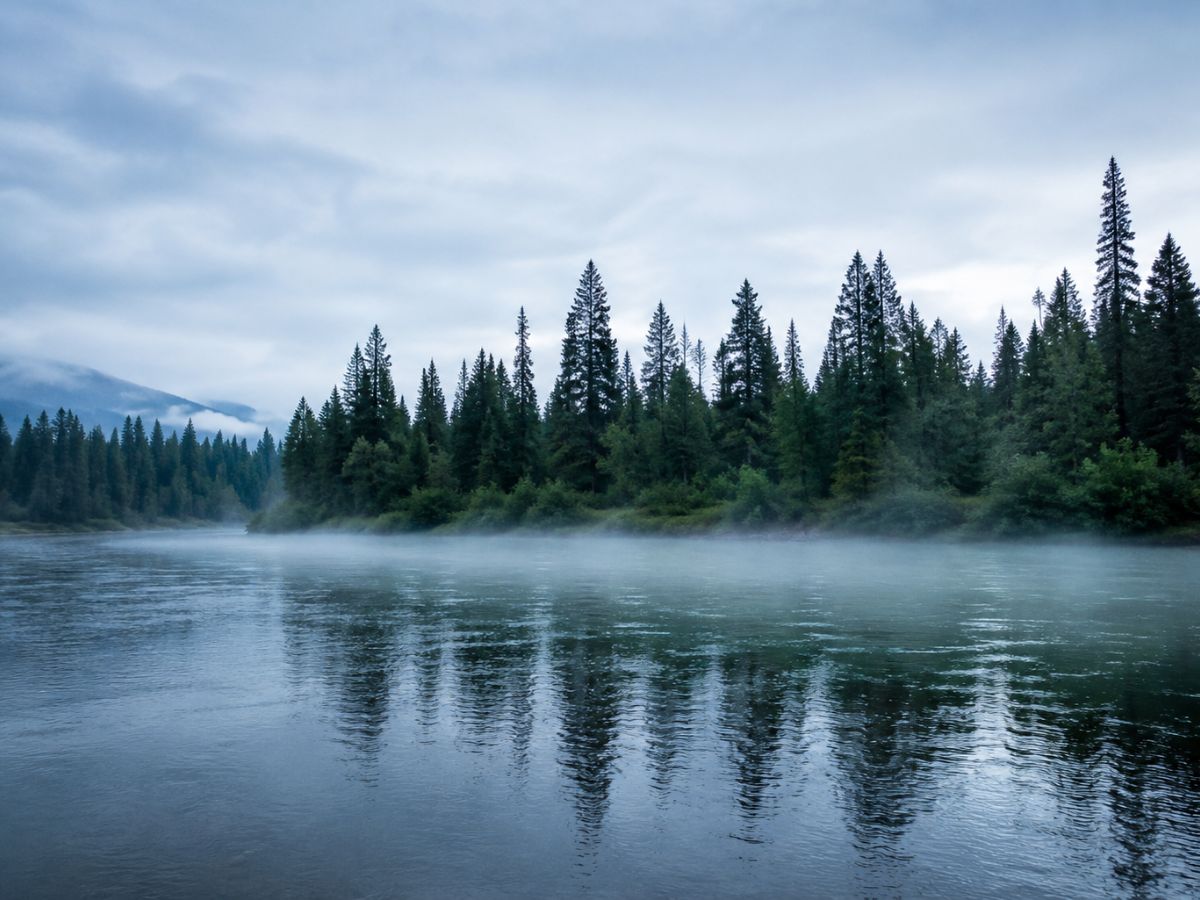 A calm lake shoreline meeting a pebbled bank in soft evening light