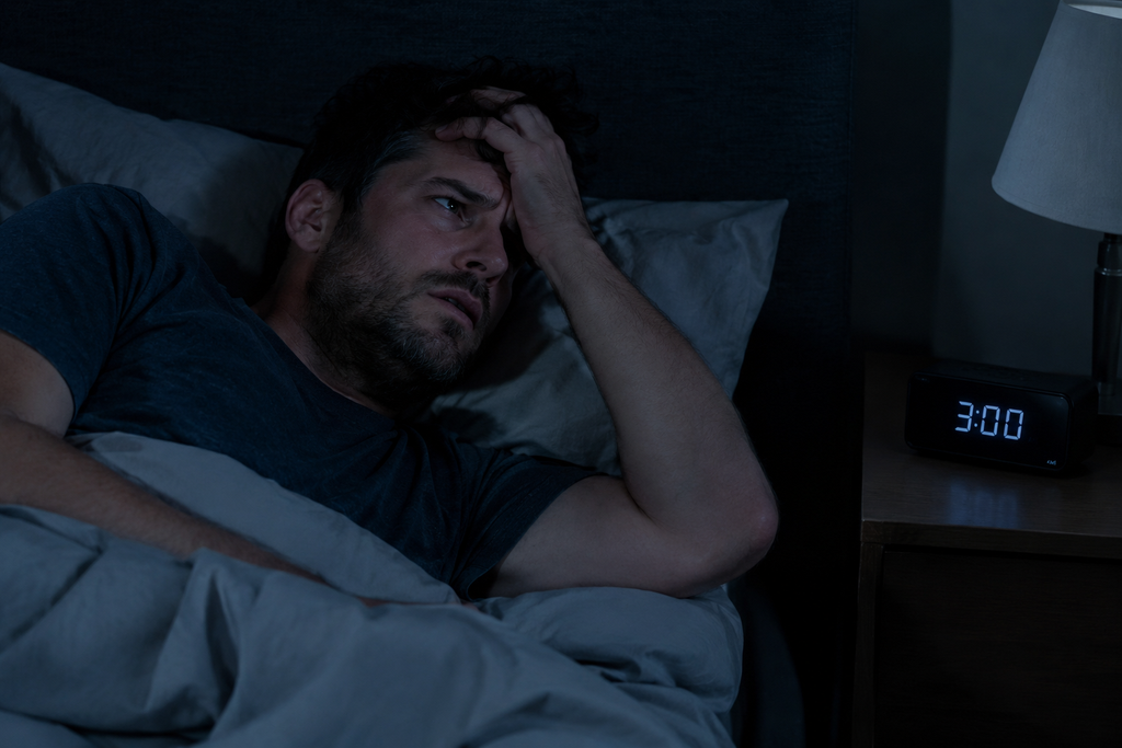 Man waking up at 3am with stress and anxiety