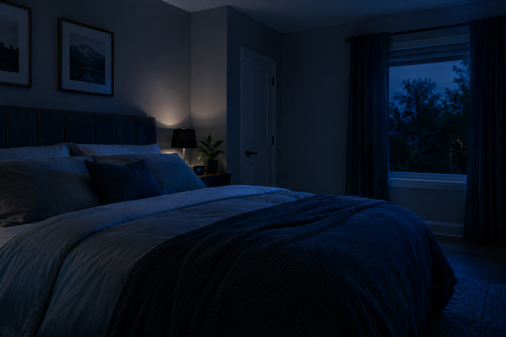 Cool dark bedroom to help stop waking up at 3am